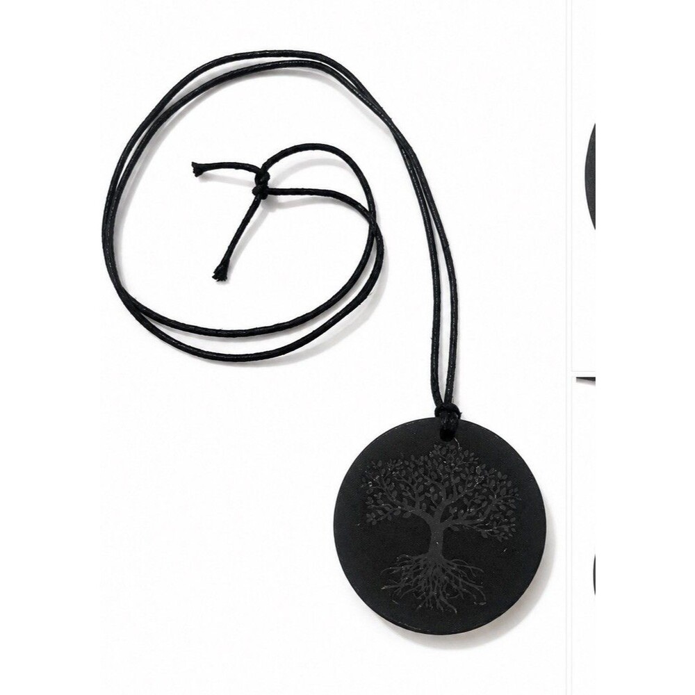 Black Tree of Life Round Pendant Necklace Adjustable Cord Boho Minimalist